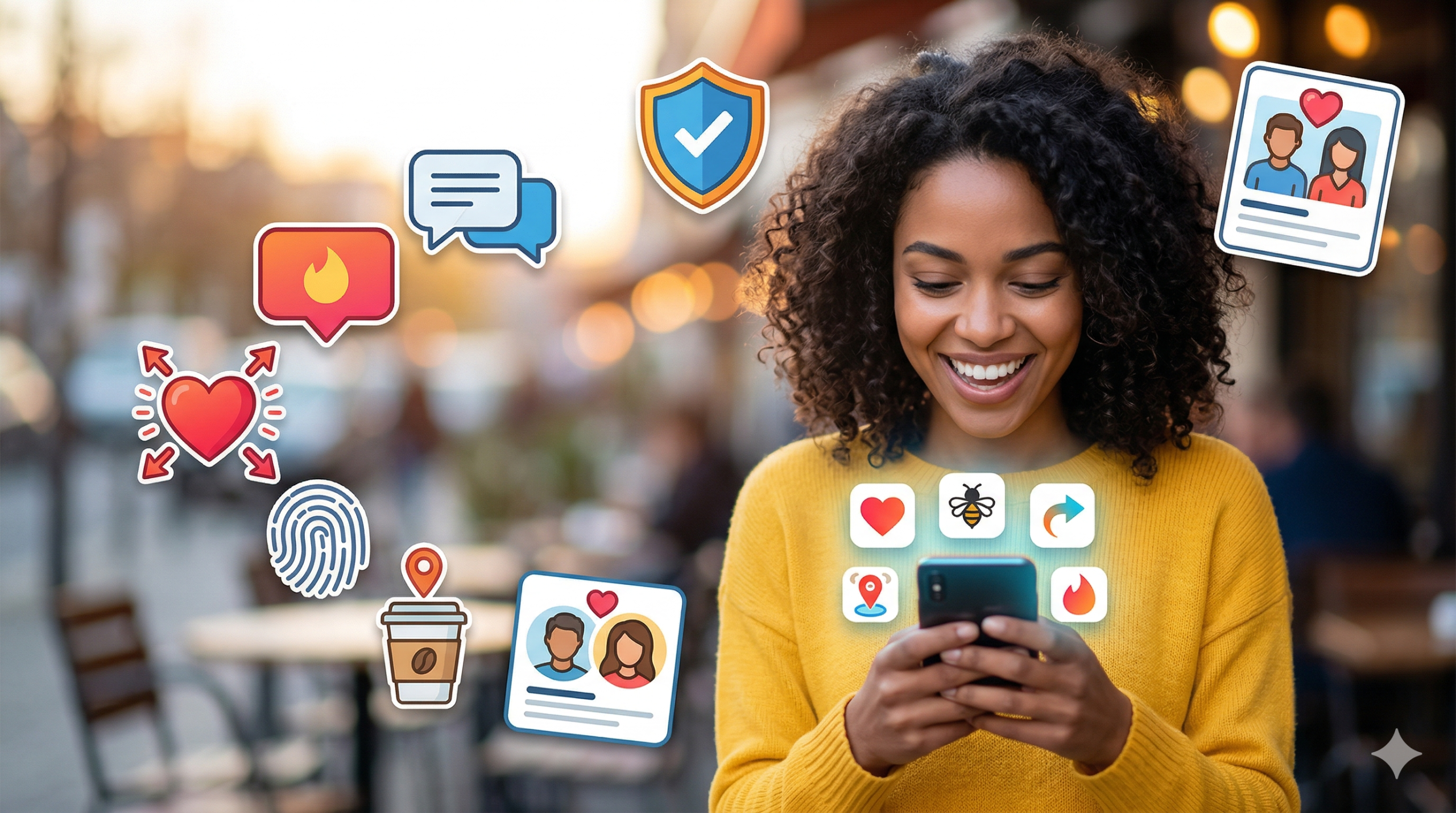 Kadın, flört uygulamalarından gelen yüzen öğelerle cep telefonunu kullanıyor.